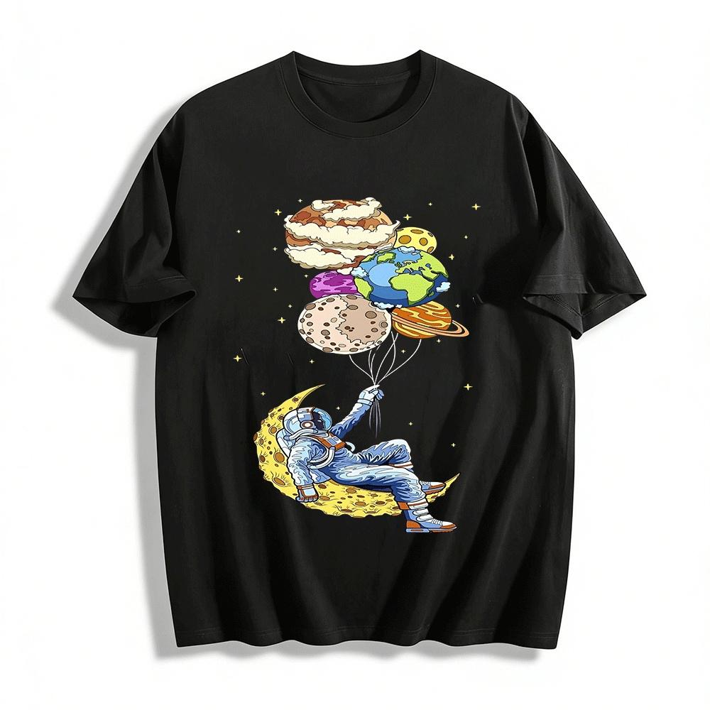 Astronaut Sitting On Moon With Planet Balloons Graphic Tee Pure cotton T-shirt XXS