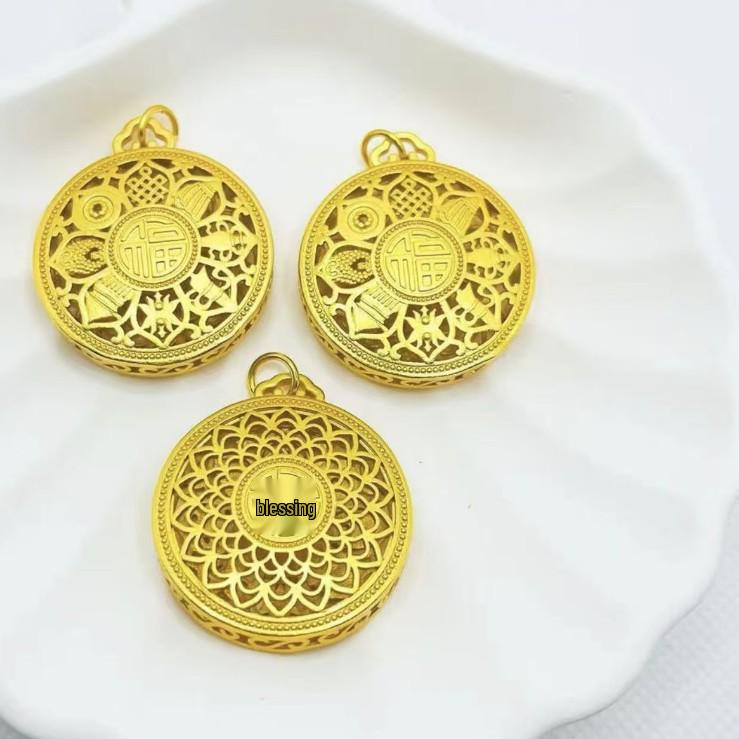 Auspicious Cloud Knot Eight Treasures Compass Gold Pendant Necklace with Fu Character, Retro Hollow Design.