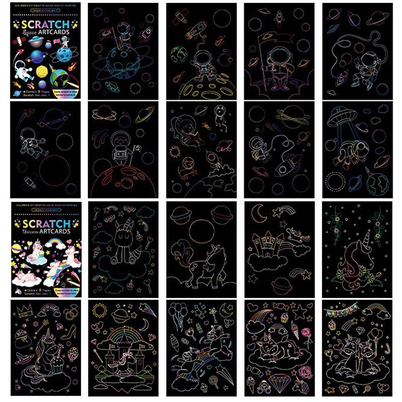 18 PCS Scratch Painting Papers Magic Rainbow Colored Drawing Set Space Animal Ocean Pirate Bamboo Stick Gifts for Boys Girls ZYF