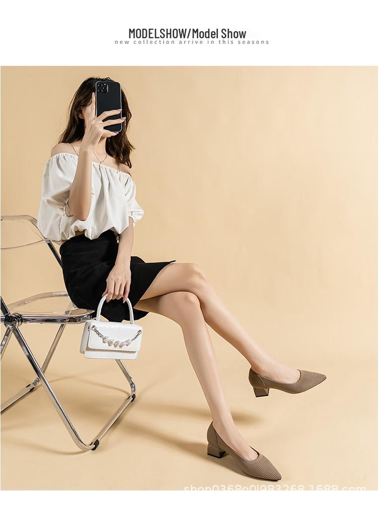 Damskie czarne buty do pracy z oddychającego materiału z czubkiem w szpic i na masywnym obcasie