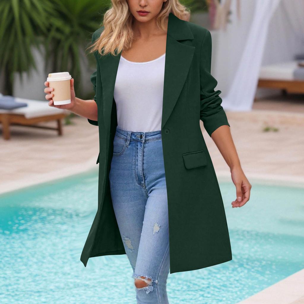 Women's Fashion Casual Long Sleeve Long Suit Jacket With Pockets