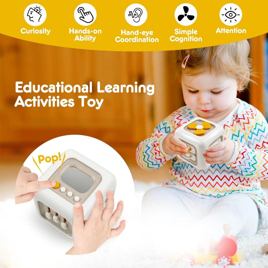 Busy Cube Montessori Toys Sensory Activity Board Learning Fine Motor Skills Travel Toy Birthday Gifts for 12-18 Months