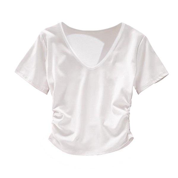 Women's V-Neck Pleated Waist-Slimming Yellow Modal T-Shirt - Short-Sleeve Summer Top