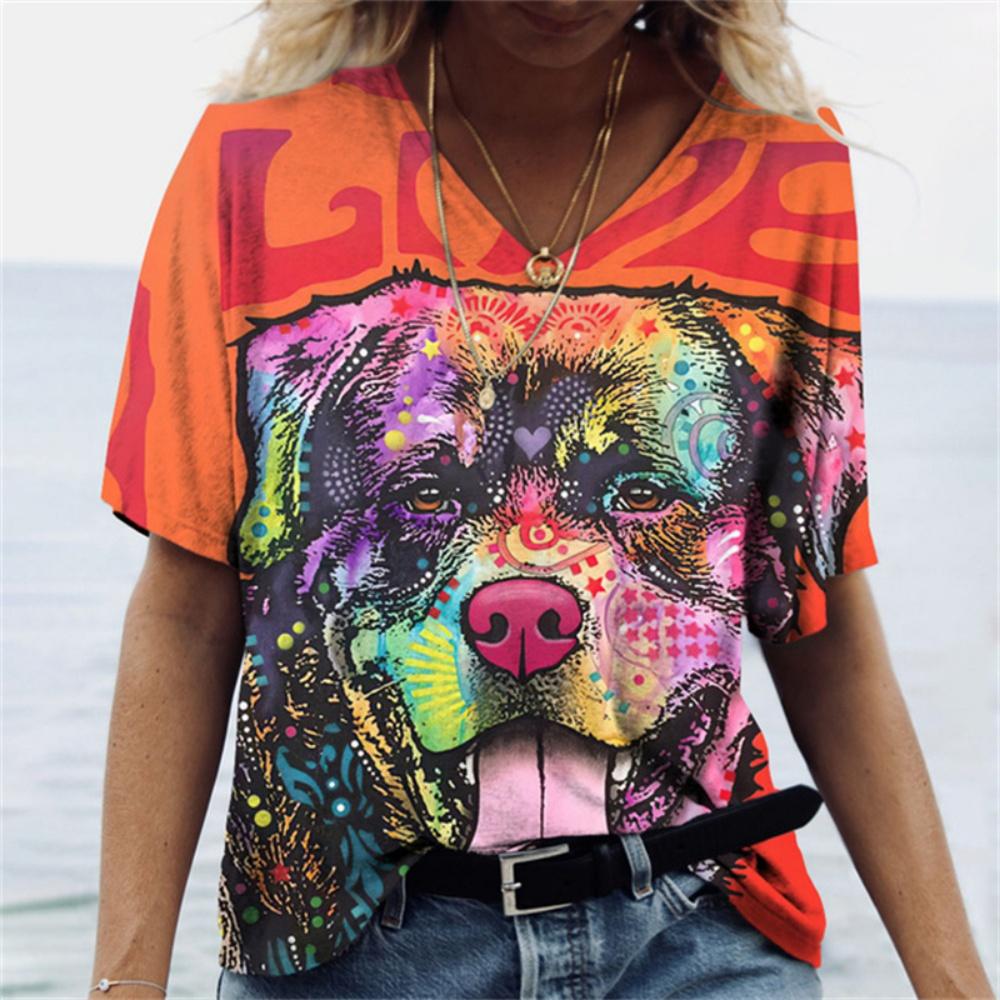 Summer V-neck 3D Printed Vintage Colorful Cat Funny Pattern Top Fashionable Casual Short Sleeved Women's T-shirts