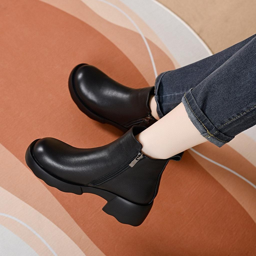 Round head short boots women's autumn and winter new straight boots double zipper women's leather boots cotton boots