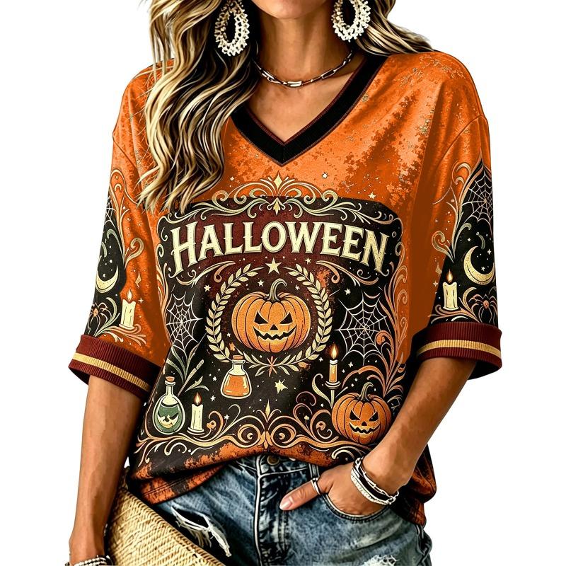 Women's V-Neck Short Sleeve Top, Vintage Halloween Pumpkin Candle Cobweb Print Make Old Casual Holiday T-Shirt