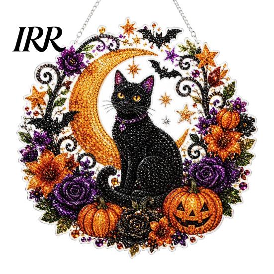 Kreatives Stressabbau-Bastelset Schwarz Katze Mond Strassstein Malerei Kit, Halloween Facettierte Kunstkristall Hängende Dekoration, 3D Ornament DIY Bastel Fenster Dekor