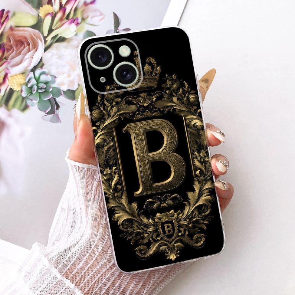 Transparent For iPhone 15 Case Cover Transparent Luxury Crown A-Z Letters 2D Flat Pattern Soft Casing A3092 A3090 A2846 A3089