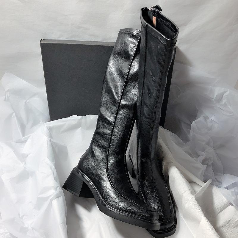 Vintage Thick Heel Women Knight High Boots Fashion Side Zippers Shoes Autumn Winter Ladies Concise Slim Long Botas De Mujer