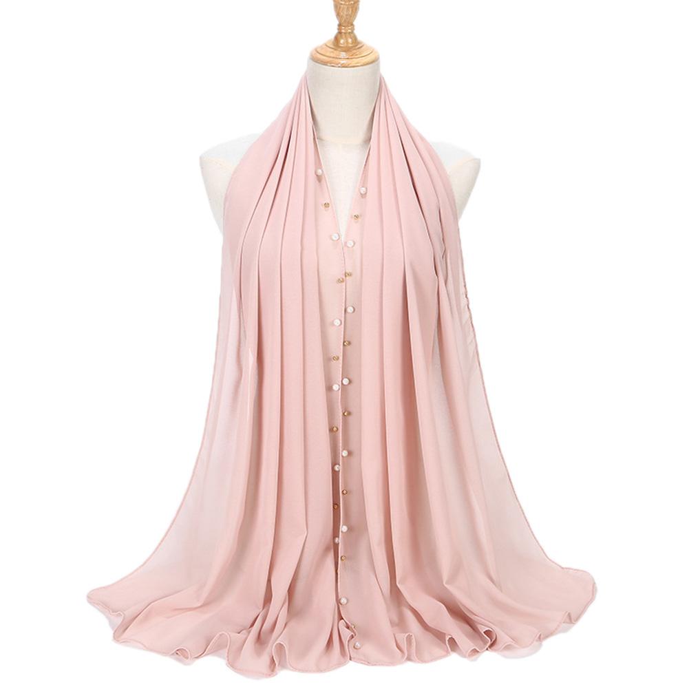 

Women Solid Color Pearls Chiffon Scarf Muslim Lady Hood Headcloth lotus pink 72*175CM#1