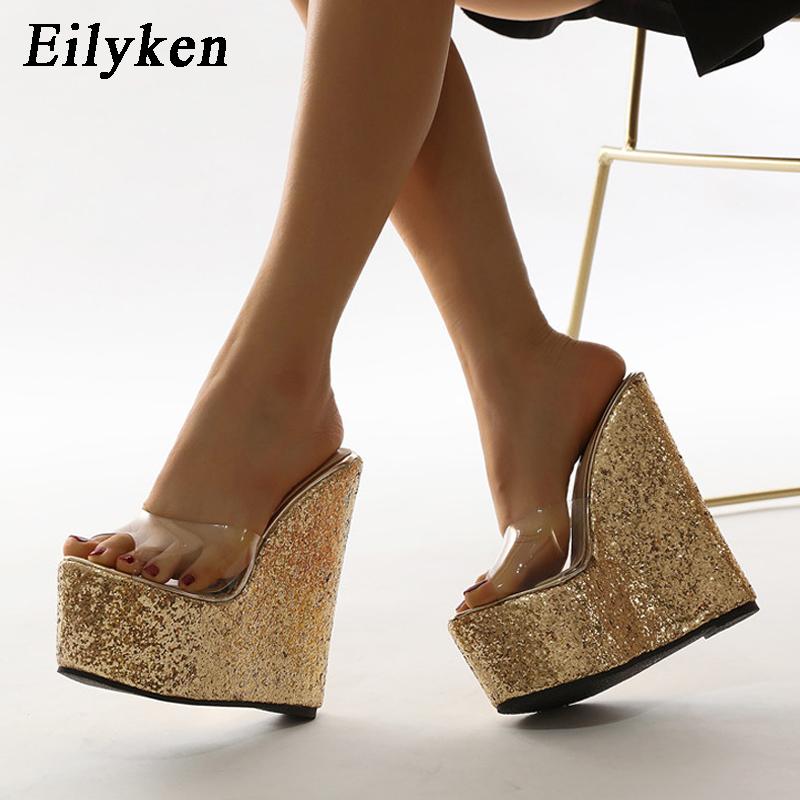 Eilyken PVC Transparent Platform Wedges Slippers Summer Peep Toe Shoes Woman Sexy Super High Mules Pumps Sandals