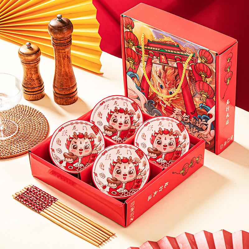 Japanese style dish set, household tableware, blue and white porcelain dishes, ceramic rice bowls, gift set, boxed
