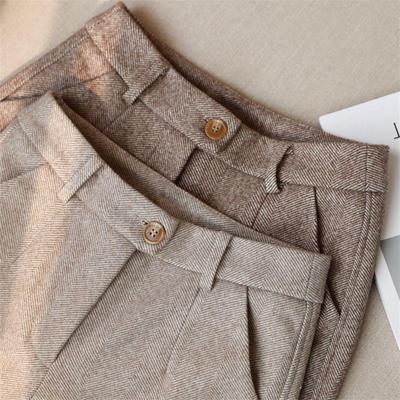 "Herringbone High-Waist Wool Trousers for Women - Slim Straight Fit, Perfect for Spring & Autumn"