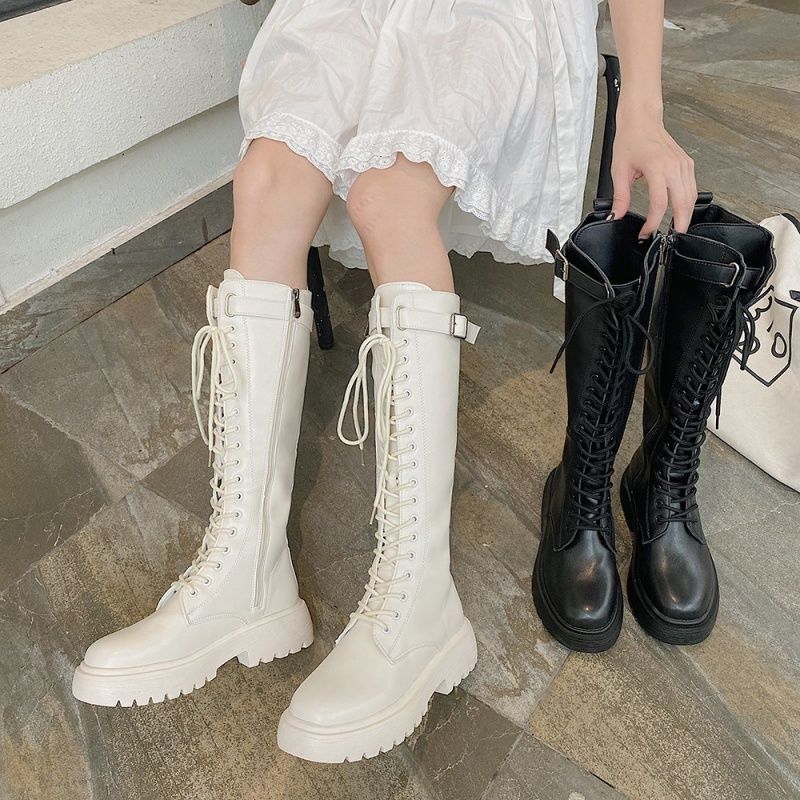 Fashion Women Knee High Boots 2024 Thicken Winter Square Heel Lace Up Platform Shoes Woman Knight Long Boots Black White Botas De Mujer