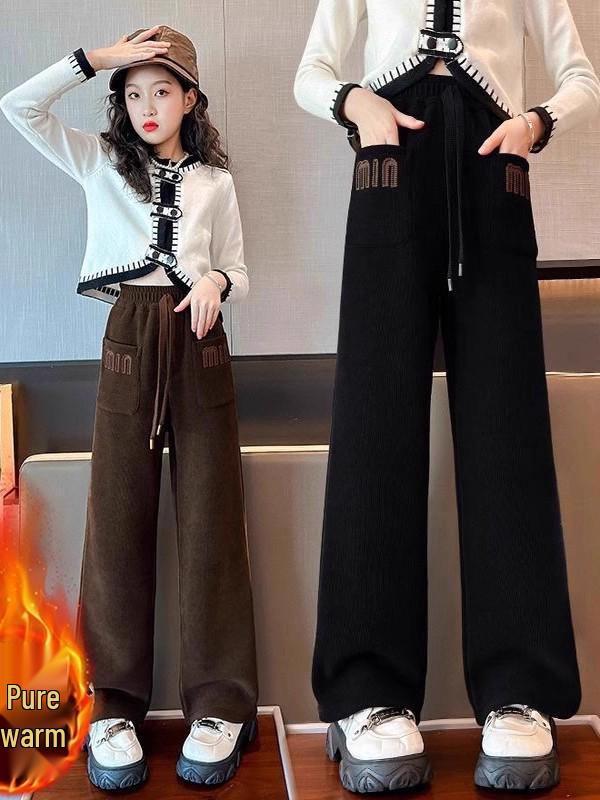 Girls' Fleece-Lined Wide-Leg Pants: 2025 Autumn/Winter Casual Straight-Leg for Kids