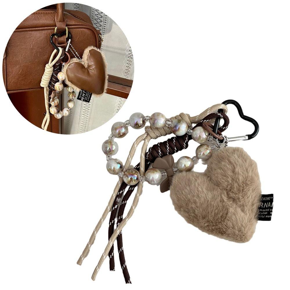 Brown Leather Maillard Style Designed Key Chain Plush Creative Love Heart Pendant Charm Luxury Backpack Pendant Bag Accessories