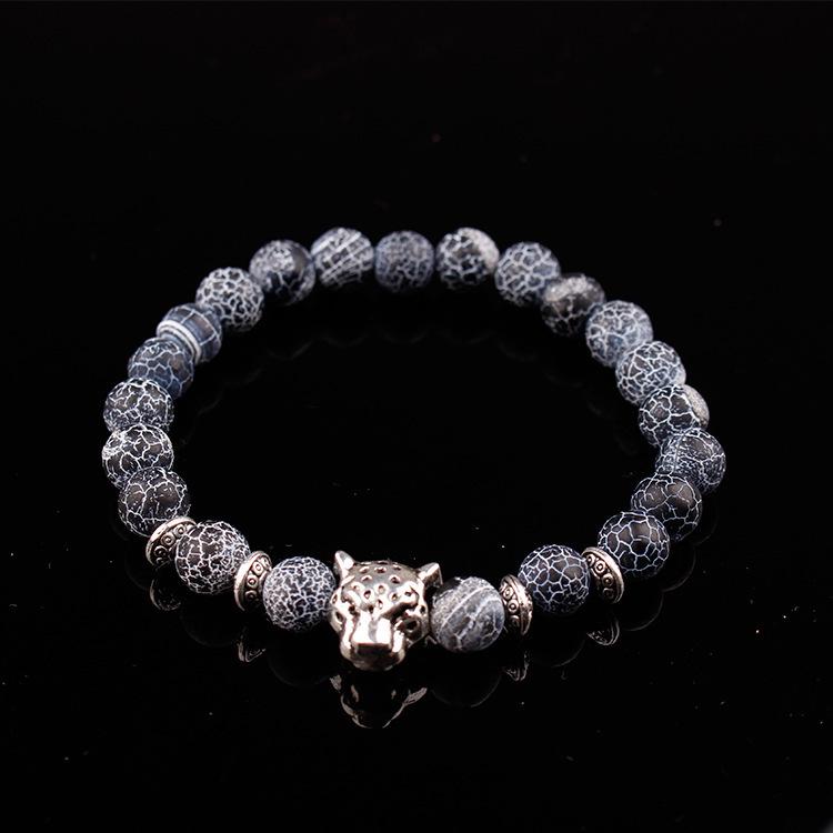 Leopard Head Agate & Lapis Lazuli Lion Bracelet with Volcanic Rock Beads