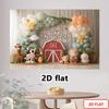 2D Farm Animal Photography Background, Red Barn with Cute Barnyard Animals and Pastel Balloon Kids Birthday Decor Banner