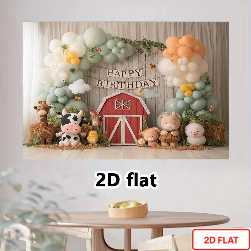 2D Farm Animal Photography Background, Red Barn with Cute Barnyard Animals and Pastel Balloon Kids Birthday Decor Banner