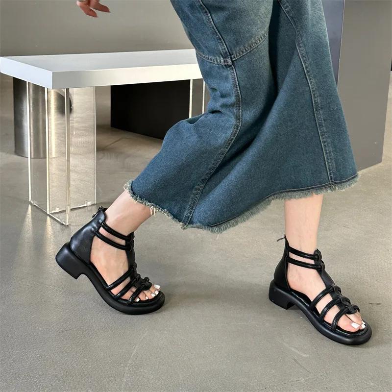 Moda Arkası Fermuarlı Düz Sandaletler Yeni Platform Çok Yönlü Kalın Topuklu Roma Kadın Sandaletleri