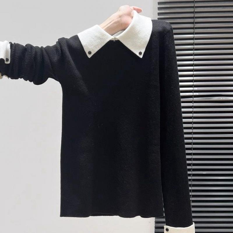 Women's Autumn Winter Polo Collar Color Block Design Slim Fit Long Sleeve Knit Sweater Basic Inner Wear Top