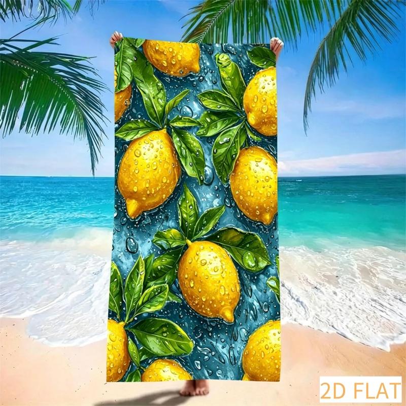 Lemon & Green Leaf Beach Towel Super Absorbent Quick Dry Microfiber With Watercolor Print Soft Sand-Free Blanket For Picnic