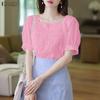 ZANZEA Women Casual Square Collar Short Sleeve Patchwork Crochet Blouse