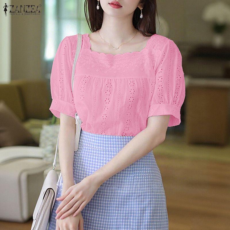 ZANZEA Women Casual Square Collar Short Sleeve Patchwork Crochet Blouse