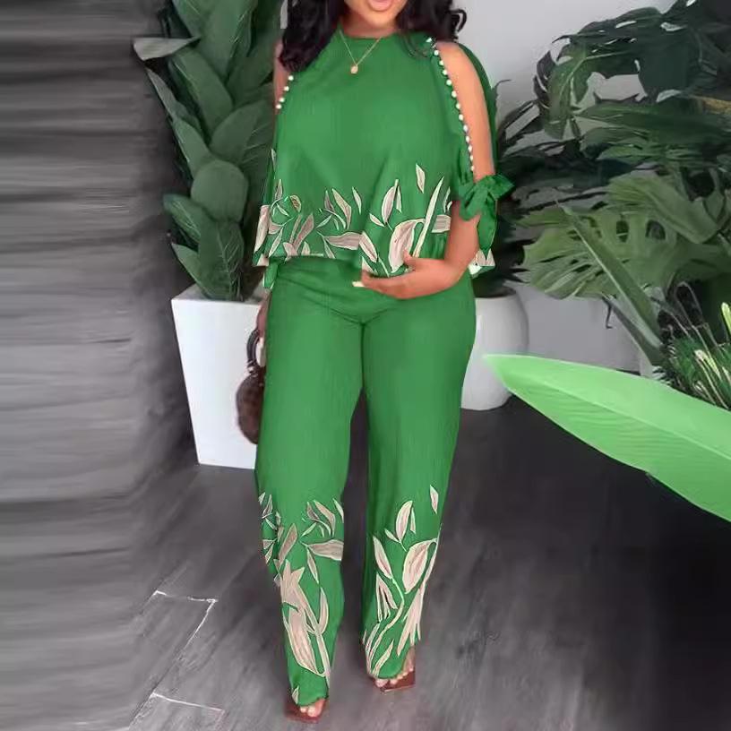 2023 Women's Round Neck Raglan Sleeve Beaded Print Long Pants Set Plus Size, European & American Style