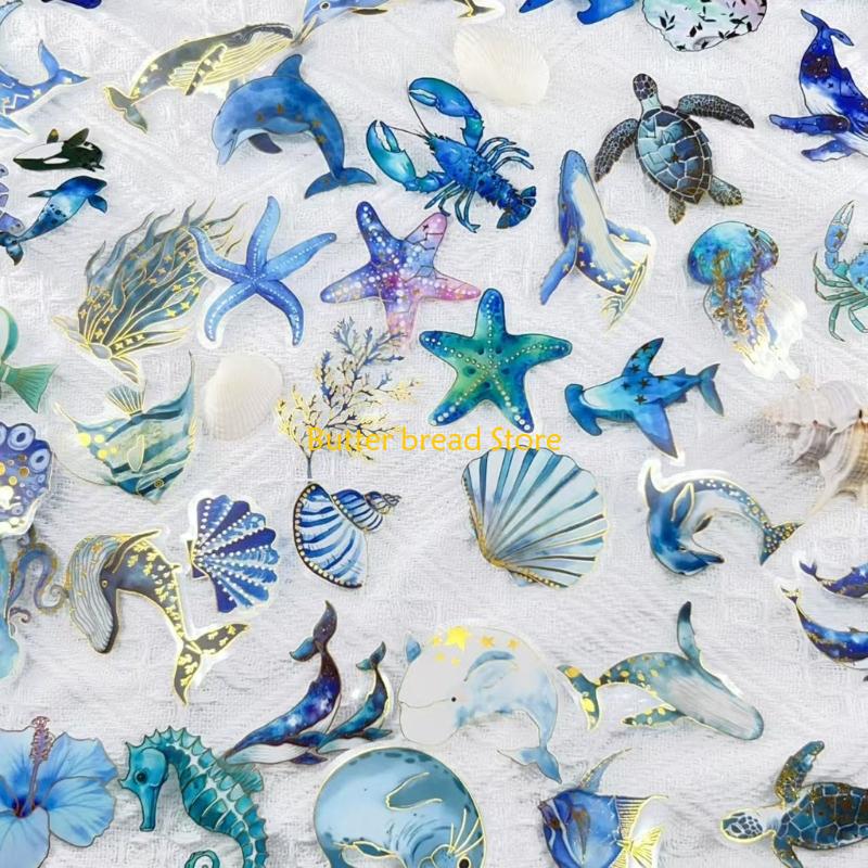 W89C 50Pcs Gold Foil Sea Creature Sticker Waterproof Clear PET Sticker For Scrapbook CN