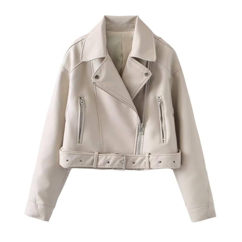 Womens PU Faux Leather Moto Jacket Short Fit Streetwear Oversized Biker Style With Zipper Patchwork Detail