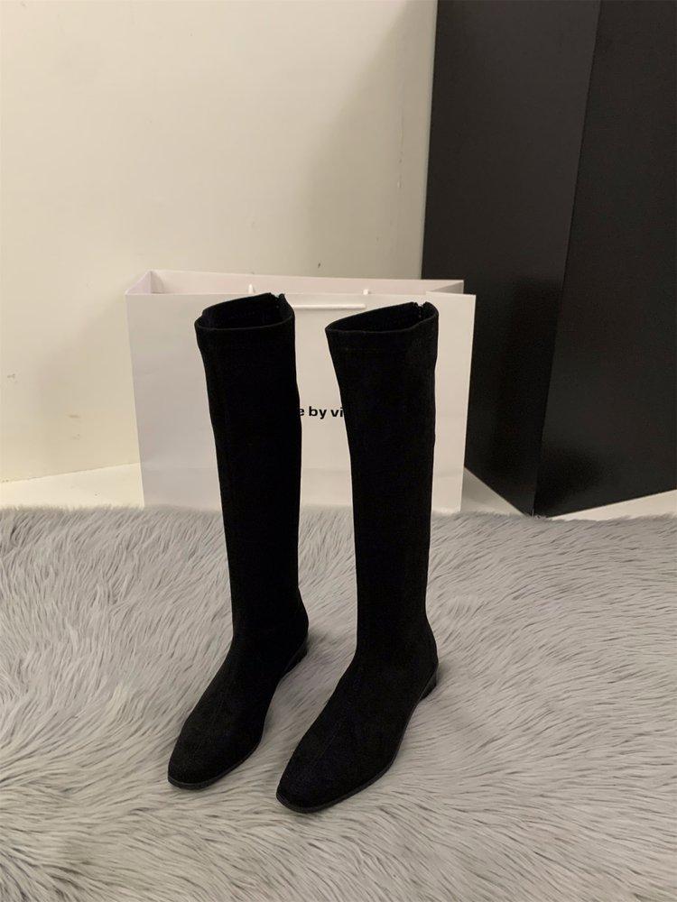 Semišové tenké dlouhé kozačky na silném podpatku se špičatou špičkou dámská obuv 2025 nové podzimní a zimní korejská verze dlouhé kozačky středně vysoké jezdecké kozačky