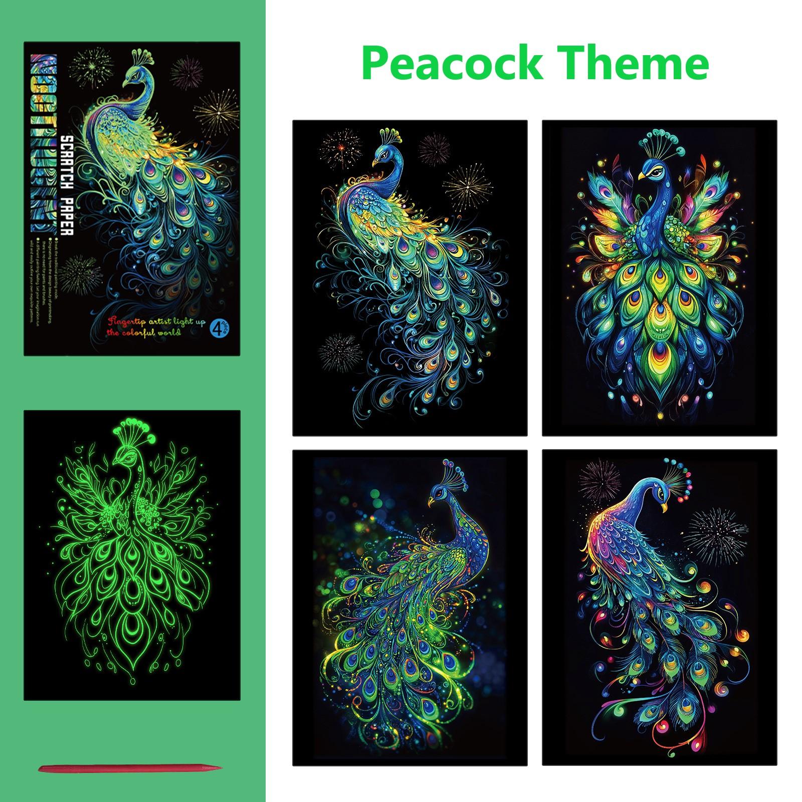 4 Pcs Noctilucent Scratch Rainbow Painting Art Paper,Scratch Painting Creative C Gift,Diy Art Craft Ocean Butterfly And Peacock,