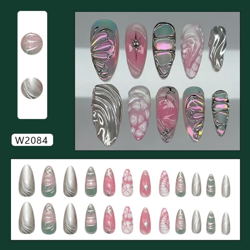 24Pieces Glossy False Nail Featuring 3D Waves Silver Icy Butterfly Pearls Effect Easy Application Design