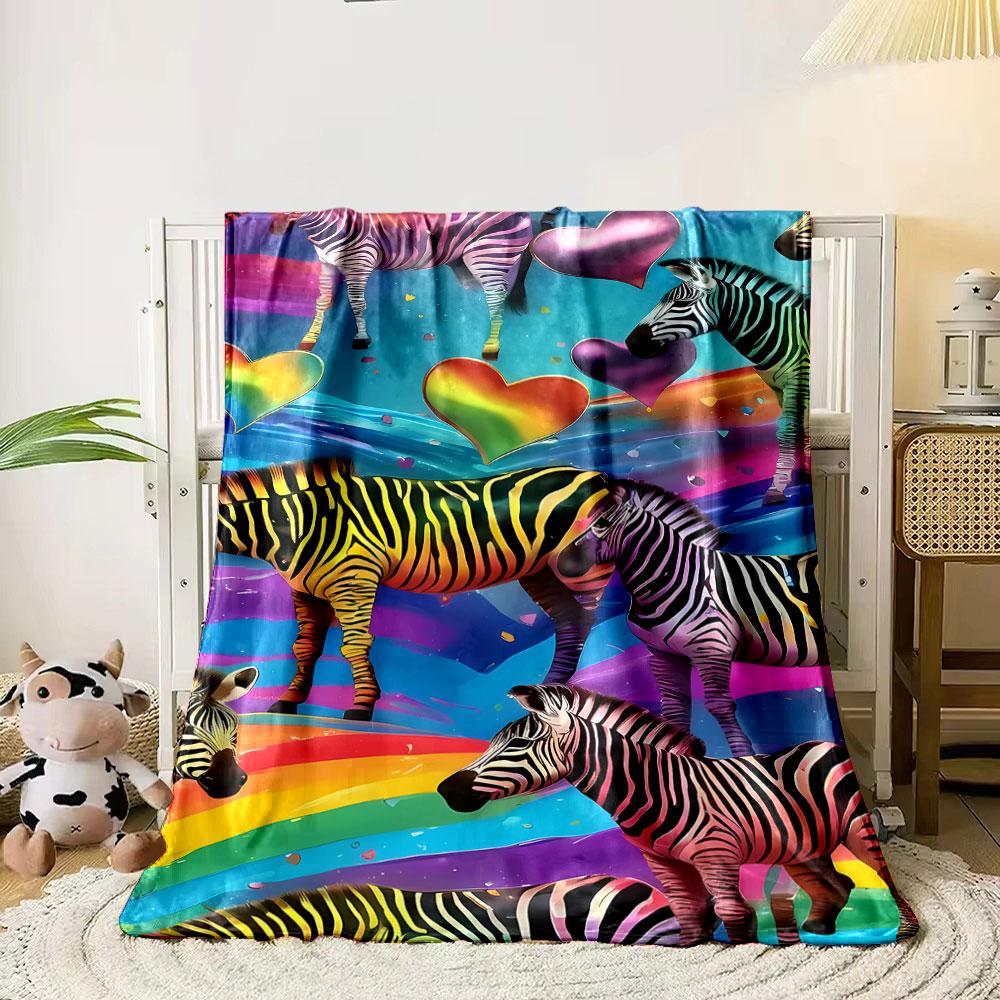 Rainbow Style Zebra Heart Print Blanket bedroom Blanket for Livingroom Couch lunch break Soft throw for Friend's festival Gift