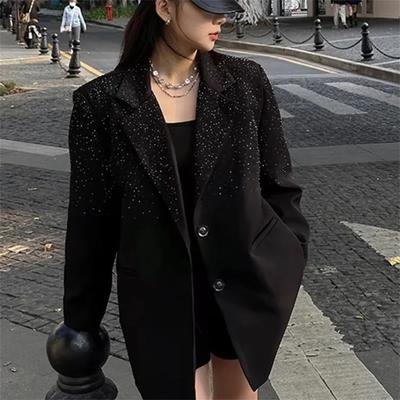 Spring and Autumn Women's Suit Collar Rhinestones Shiny Buttons Long Sleeve Loose Slim Top