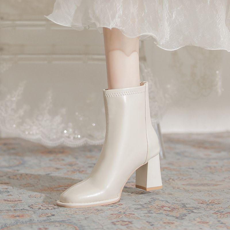White thick-heeled short boots for women 2025 new autumn and winter mid-heeled square-headed French high-heeled shoes elastic medium tube thin boot