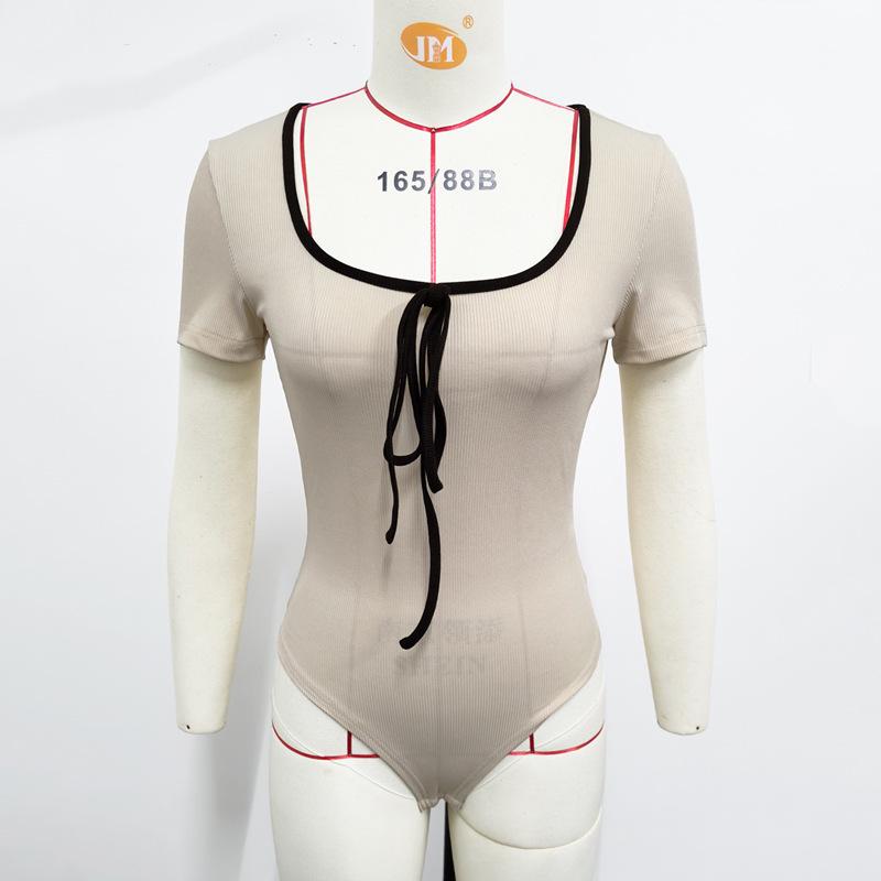 

Летний облегающий комбинезон с коротким рукавом и U-образным вырезом, цветной блок, 2025 L абрикосовый