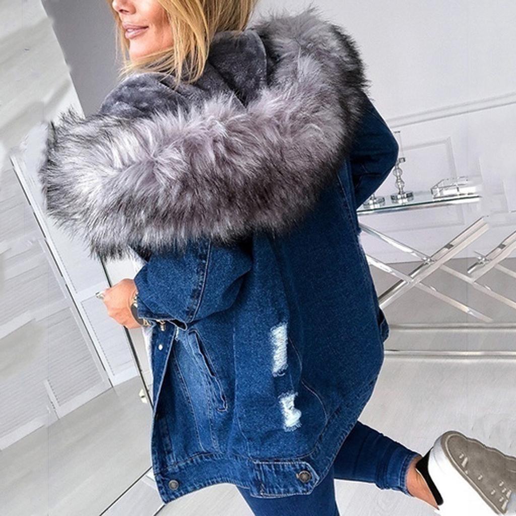 Women's Add A Long - sleeved Denim Solid Color Coat With A Fur-trimmed Collar