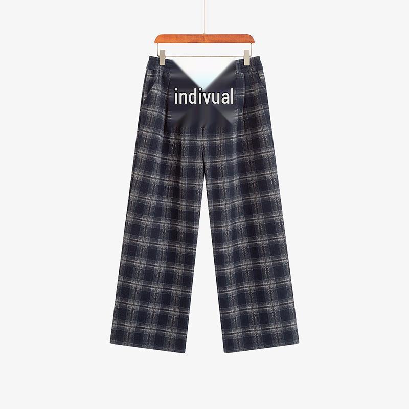 

Women s Plus Size High Waist Vintage Plaid Wide Leg Pants - Winter 2025 Collection XL (60-70 kg) темно-синього кольору