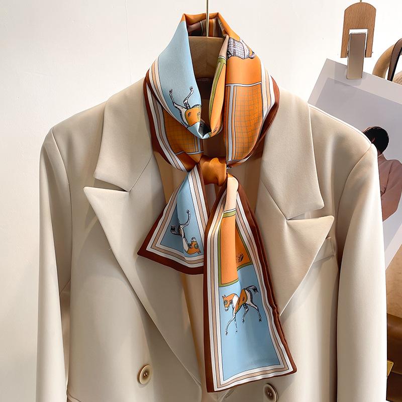 Luxury Design Print Skinny Ribbon Silk Scarf for Women Neckerchief Hairband Foulard Female Soft Satin Hands Bag Neck Ties