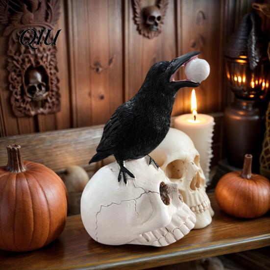 Desktop Halloween Decor Raven on Skull Home Decor, Gothic Crow Eyeball Detail Statue, Bird Perching Skeleton Figurine, Macabre Ossuary