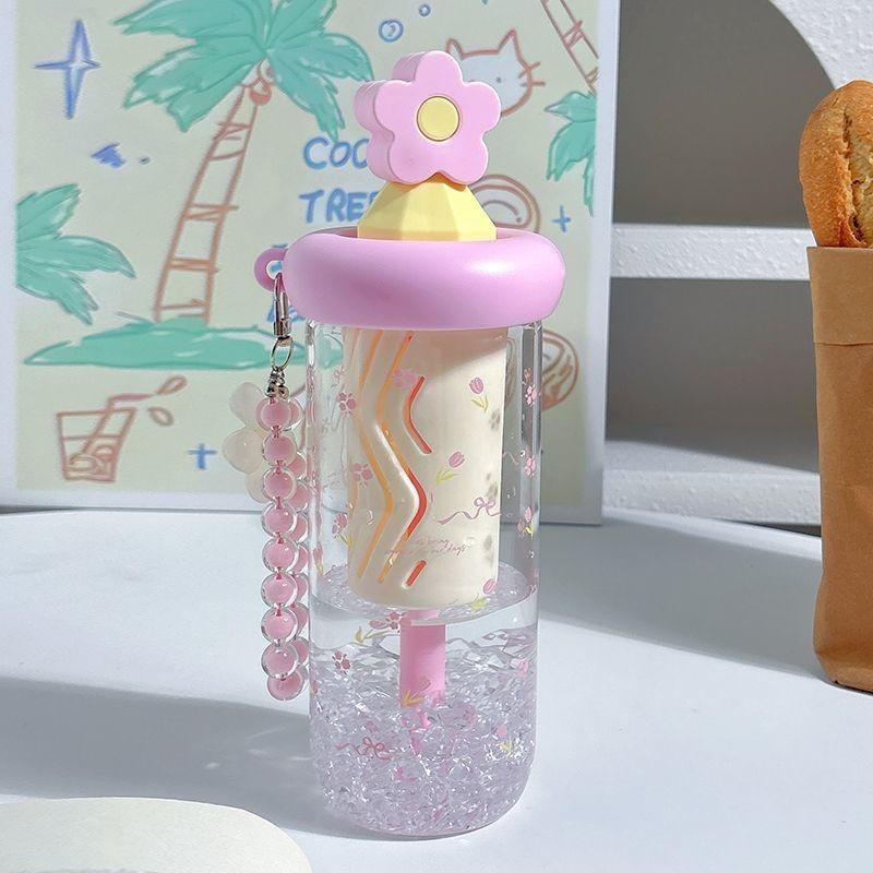 Söta Blommig Te-glas med Sugrör Tumbler Glas Vattenflaska För Flickor Stor Kapacitet Kaffe Juice Koppar Drickkärl