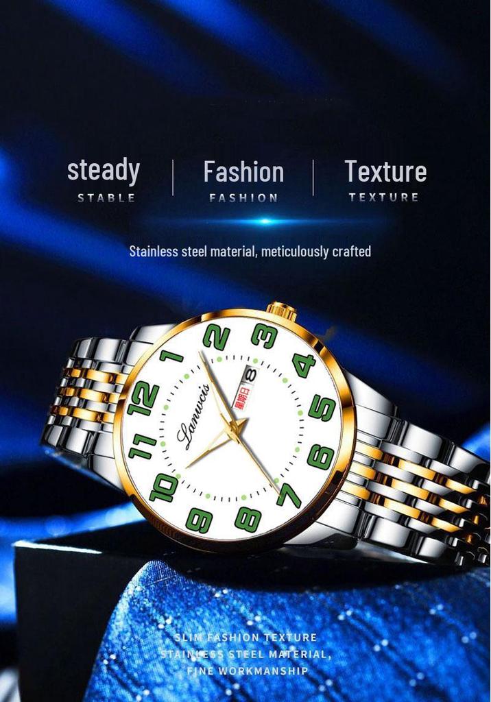 Men's Large Dial Digital Quartz Watch, Steel Band, Dual Calendar In English & Chinese, Waterproof - Ideal for Seniors