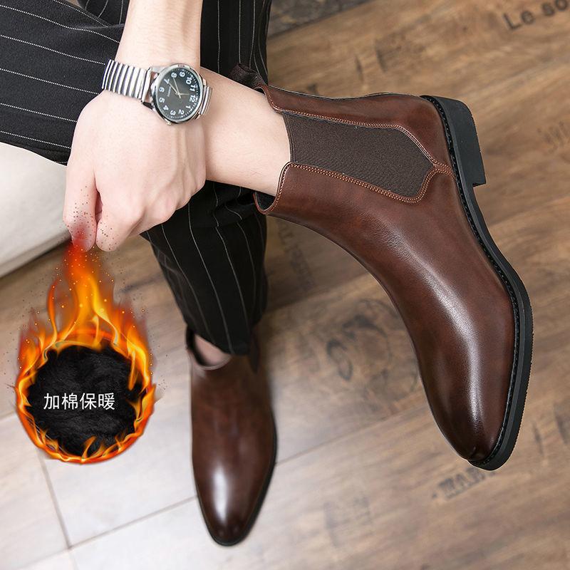 Winter Velvet Warm Martin Boots Men's British Style Short Boots Autumn and Winter Pointed Chelsea Boots High-top Leather Shoes Leather Boots