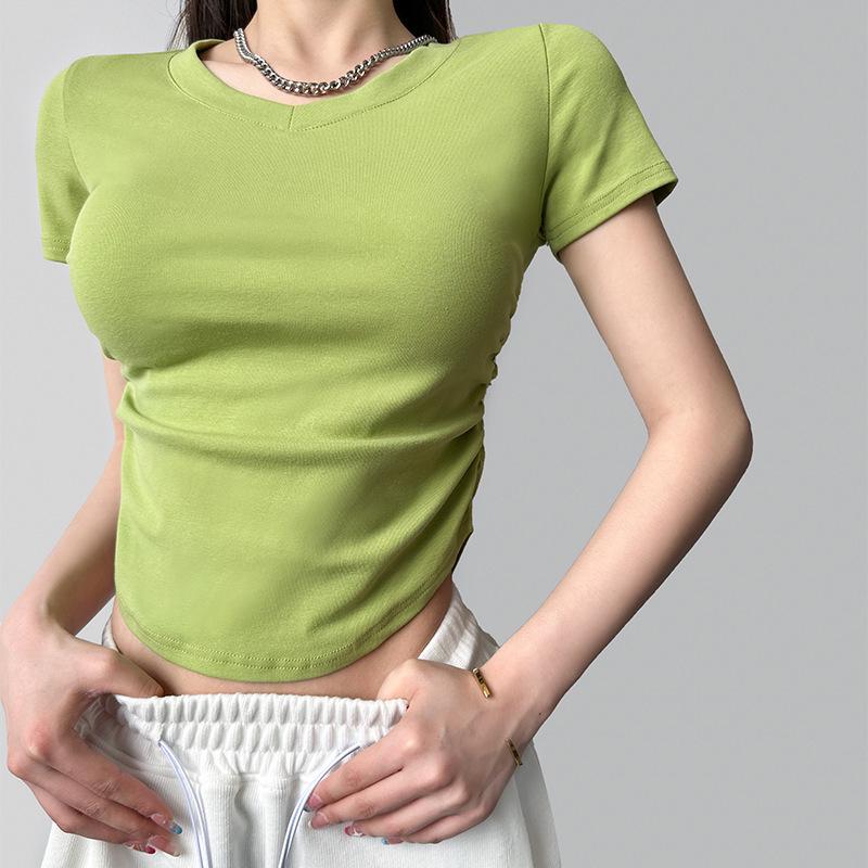 

Женская обтягивающая футболка с круглым вырезом в европейском и американском стиле - укороченная рубашка на весну и лето Medium