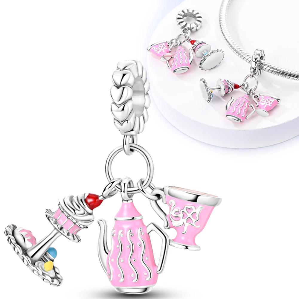 925 Silver Pink Doll Princess Pink Square Box Charm Pendant Beads Fit Charm Bracelet Women Jewelry Making