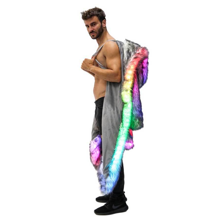 Cappotto in Pelliccia LED da Carnevale con Cappuccio Cosplay Euro-Americano da Uomo per Festival Musicali
