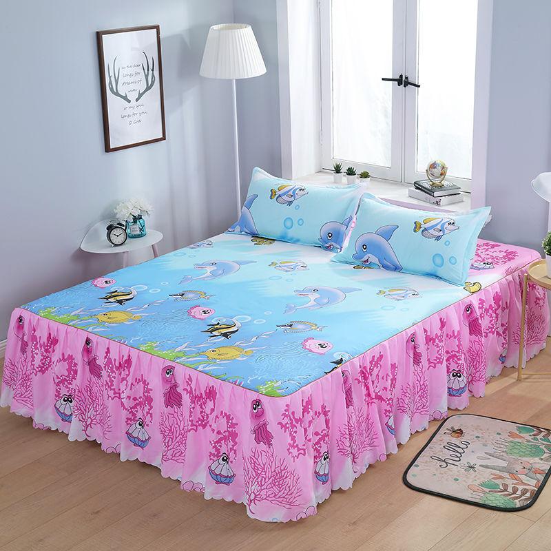3PCS Bed Skirt Flower Printed Fitted Sheet Cover Home Graceful Bedspread Bed Linens Bedroom Decor Mattress Cover Pillowcase