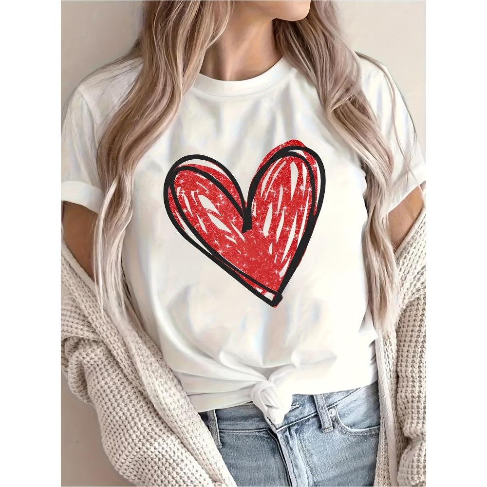 

Women S Red Heart Print T-Shirt Casual Round Neck Short Sleeve with Red Heart Design Comfort Aesthetic Clothes S